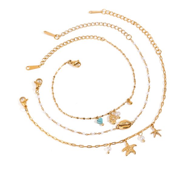 J&D Ocean 18K Gold Plated Stainless Steel Evil Eye Bracelets Set Starfish Shell Charm Bracelets for Women Trendy for Holidays
