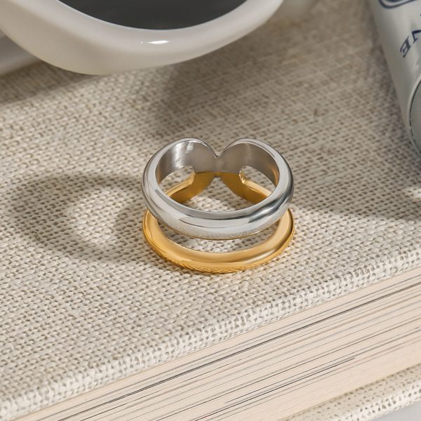 J&D Women's Modern Simple Lines Double Layer Hollow Ring 18K Gold Stainless Steel Waterdrop Ring Jewelry