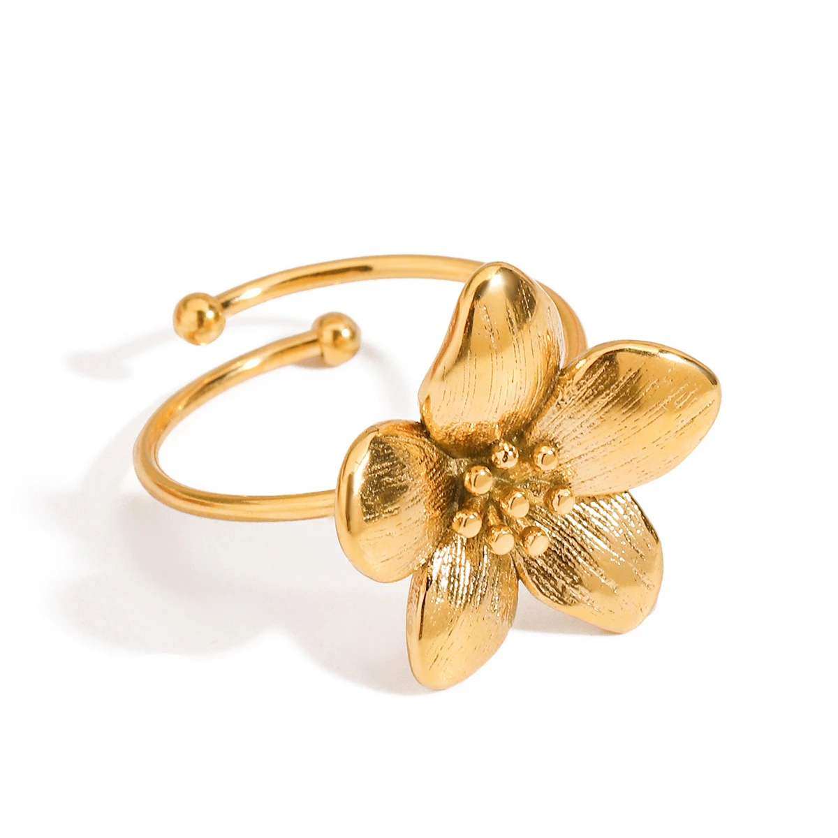 18K Gold Romantic Jewelry Stainless Steel Flower Adjustable Open Ring Sweet