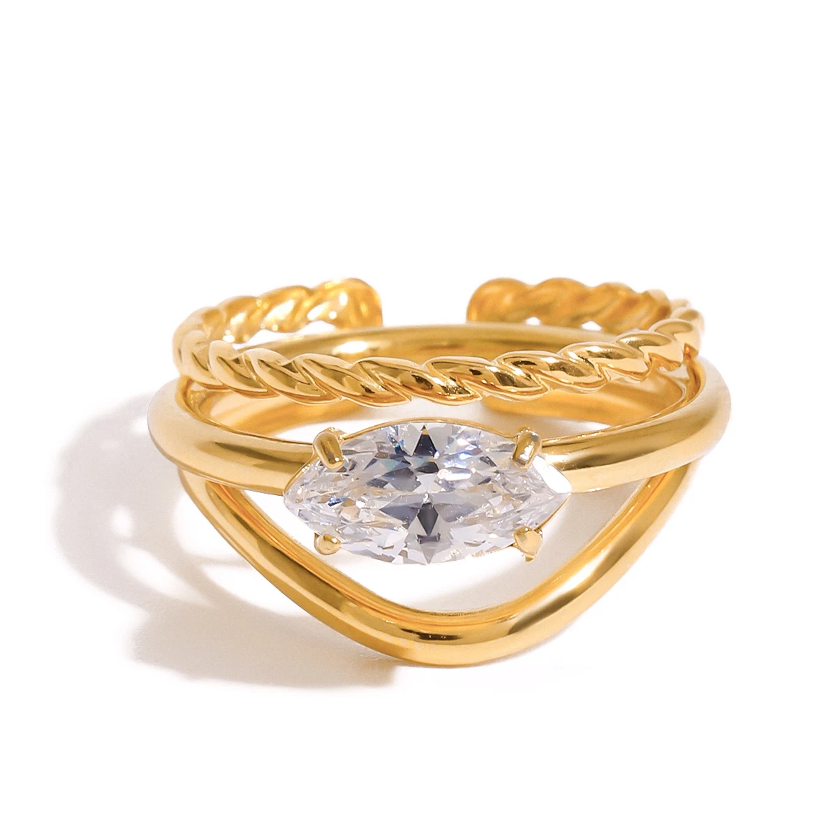 18K Gold Stainless Steel White Diamond Marquise Shaped Diamond and Two-Layer Hollow Braided Stackable Rings Set