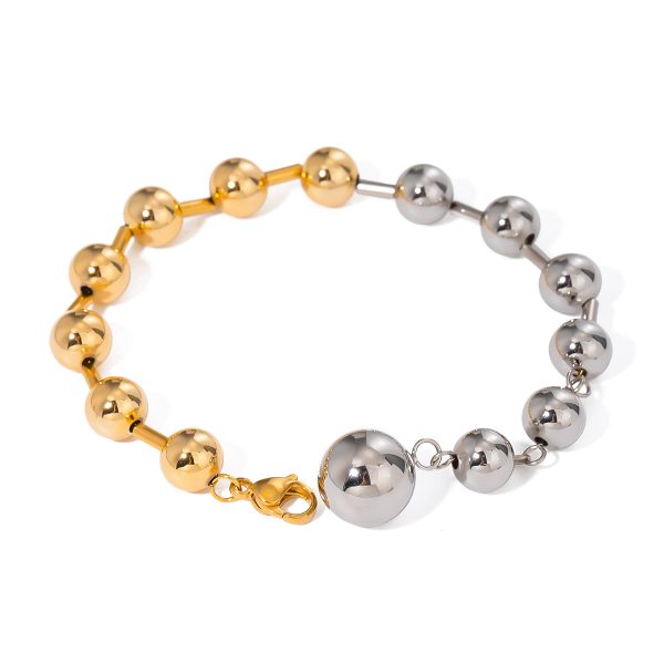 J&D 18K Gold Stainless Steel Mixed Metal Bead Bracelet Hypoallergenic 19cm - Image 2