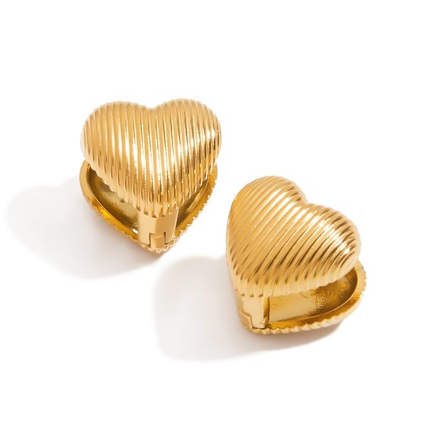 J&D Stainless Steel 18K Gold Plated Tarnish Free Waterproof Classic Rib Heart Stud Earrings - Image 2