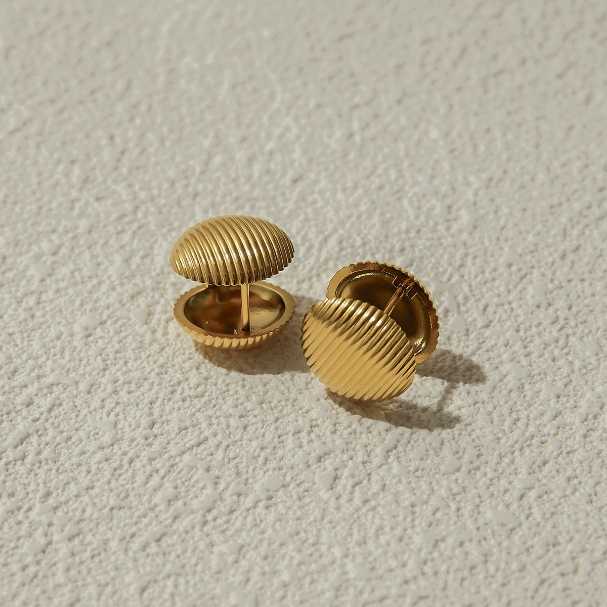 J&D Trendy Stainless Steel 18K Gold Plated Hypoallergenic Ribbed Ball Stud Earrings