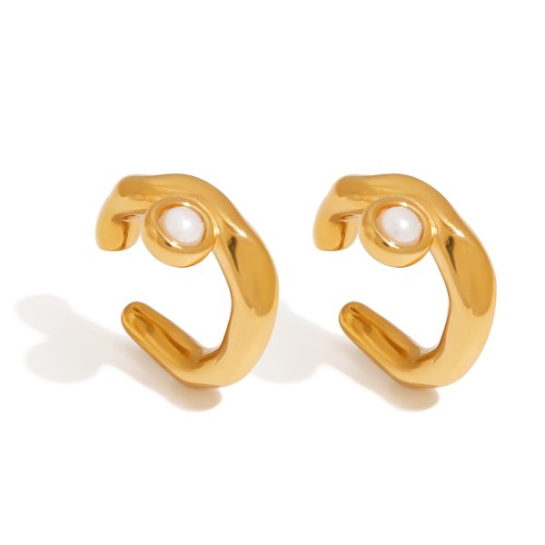 J&D 18k Gold Plated Stainless Steel High Polished Smooth Twins Shell Pearl Ear Cuff - Image 2