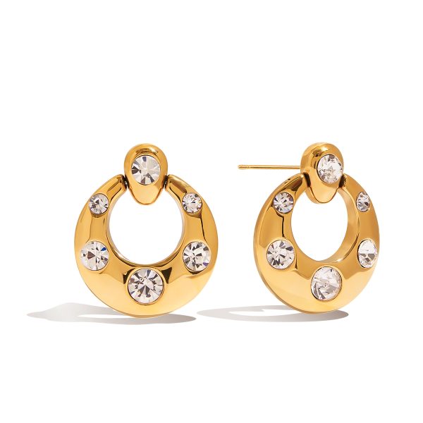 Sweet Cool Door Handle Earrings for Women, 18K Gold Stainless Steel with White Zircon, Trendy Geometric Dangle Jewelry (1 Pair) - Image 2