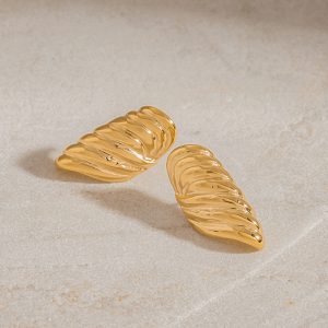 J&D New Trendy 18k Gold Plated Stainless Steel Tarnish Free Hypoallergenic Ribbed Hammered Statement Earrings