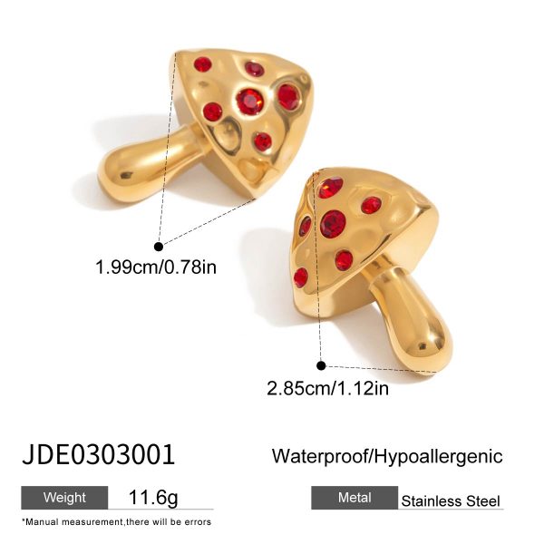 J&D New Trendy 18k Gold Plated Tarnish Free Stainless Steel Hypoallergenic Red Zircon Mushroom Statement Earrings - Image 3