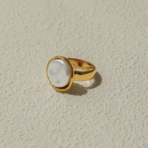 J&D Modern Minimalist 18K Gold Plated Stainless Steel Rings Elegant Round Pearl Rings for Women