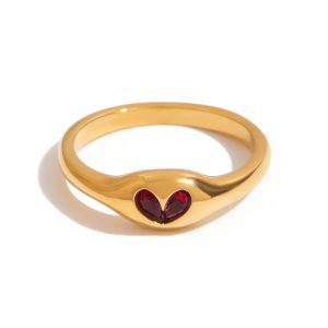 JD Designer Apple Core Ring for Women - 18K Gold Stainless Steel with Zircon Heart, Stackable Minimalist Jewelry Size 7