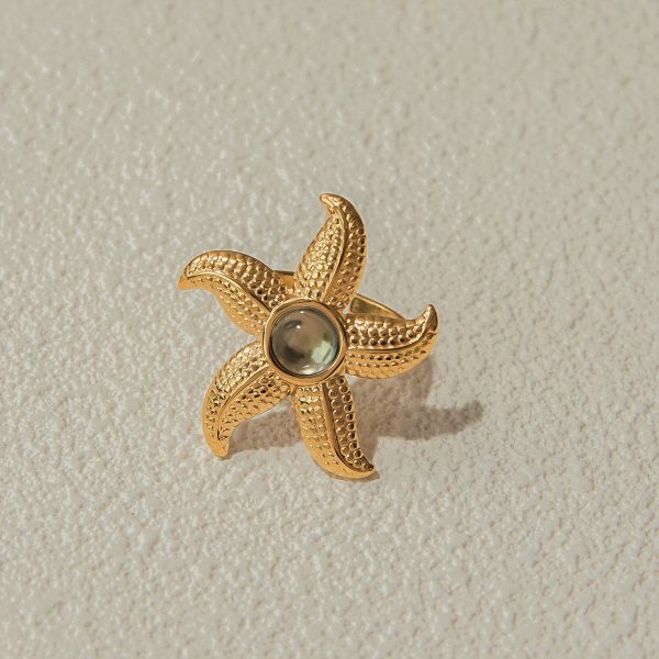 J&D Designer Women's Niche Design 18K Gold Stainless Steel Blue Glossy Resin Starfish Adjustable Open Rings